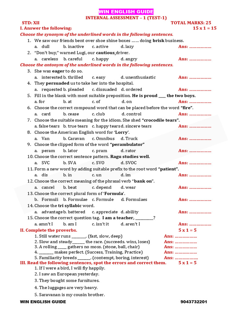 Class 12 English Internal Assessment 1 | PDF | Noun | Linguistics