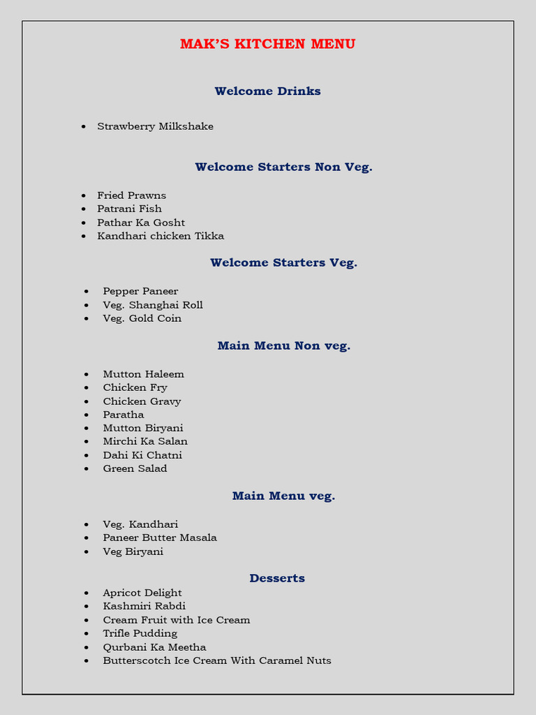 Mak's Kitchen Menu Overview | PDF