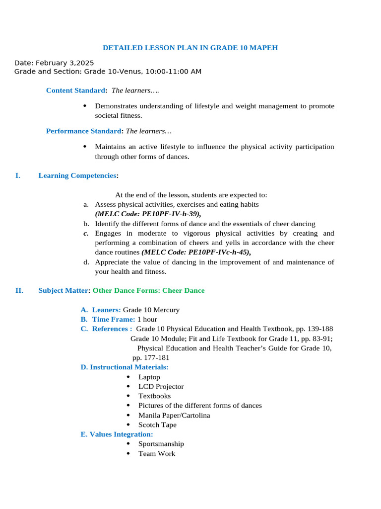 Grade 10 MAPEH Cheer Dance Lesson Plan | PDF | Dances | Gymnastics