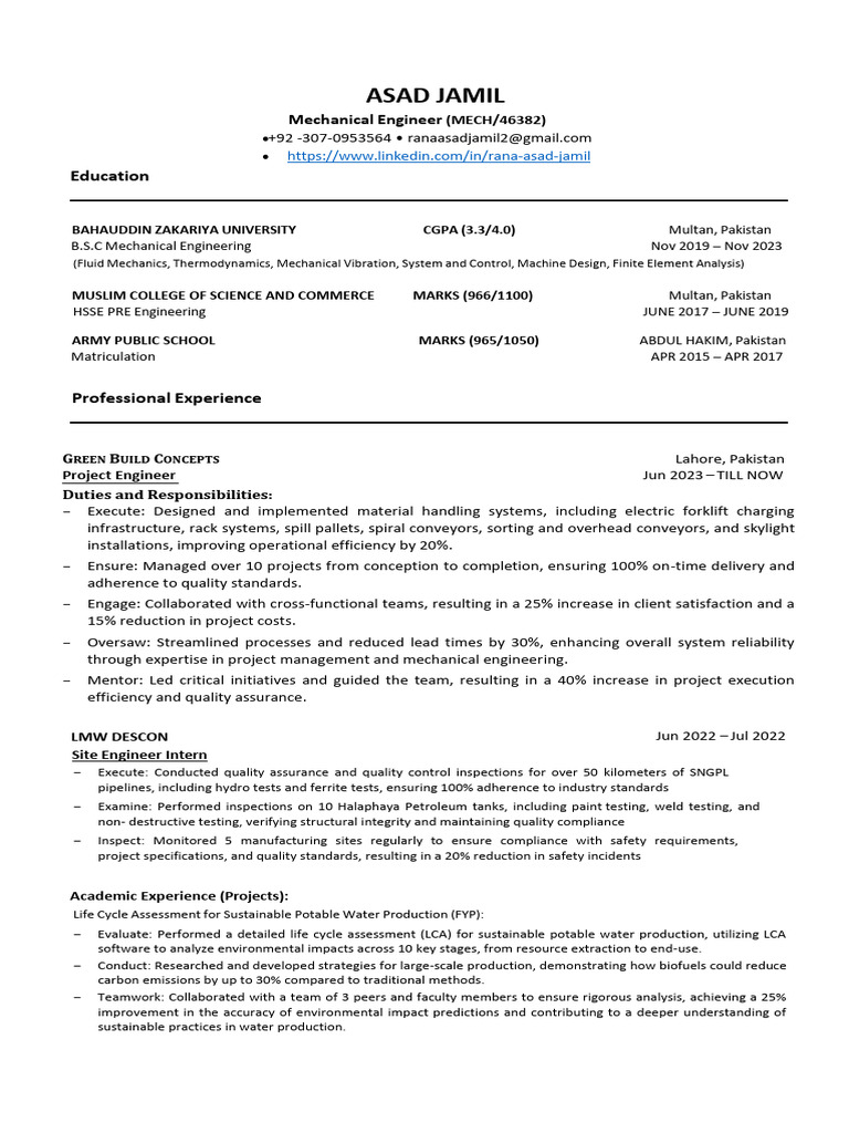 Asad Jamil Project Engineer File | PDF | Life Cycle Assessment | Safety