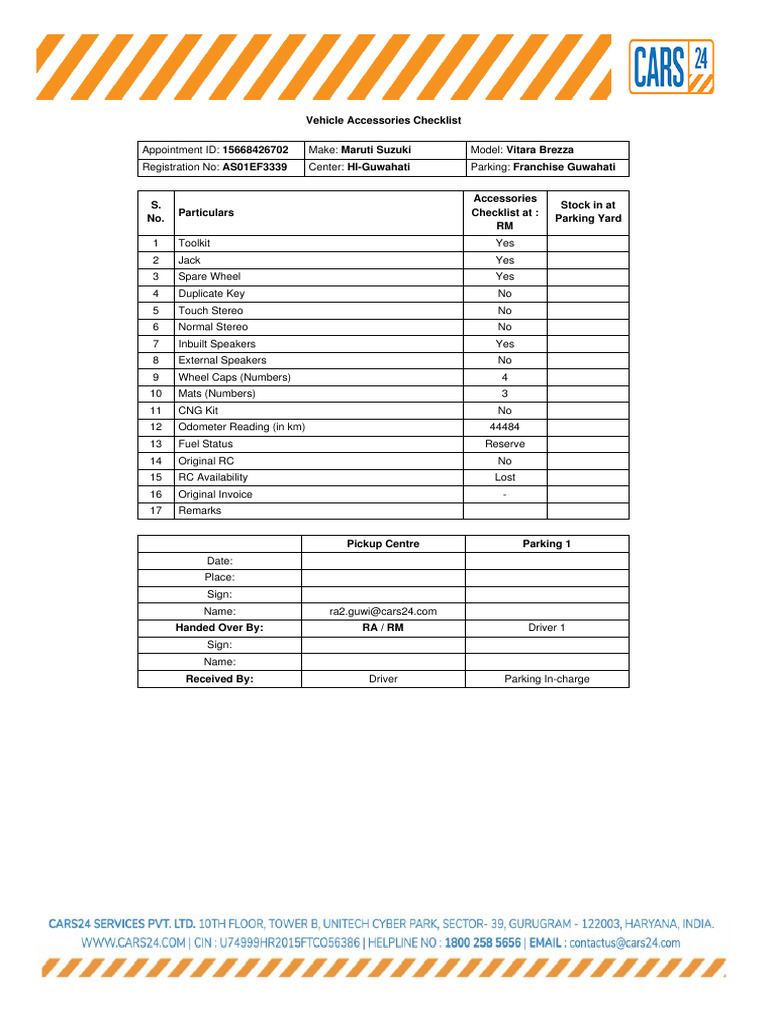 Vehicle Accessories Checklist | PDF