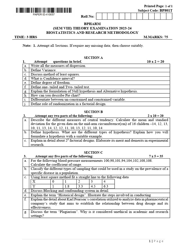 Bpharm 8 Sem Biostatistics and Research Methodology Bp801t Jun 2024 ...