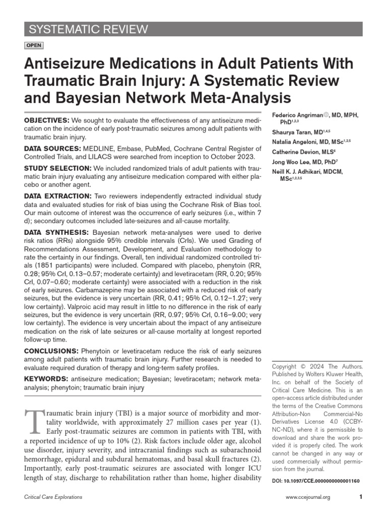 Antiseizure Medications in Adult Patients With Traumatic Brain Injury ...