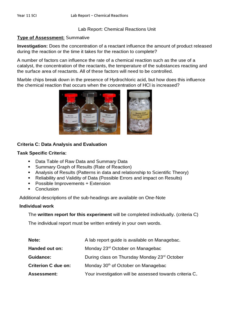 Year 11 Chemical Reactions Lab Crit C | PDF | Experiment | Chemical ...