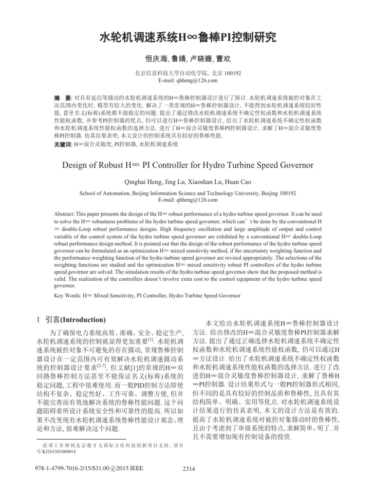 Design of Robust H PI Controller For Hydro Turbine Speed Governor ...