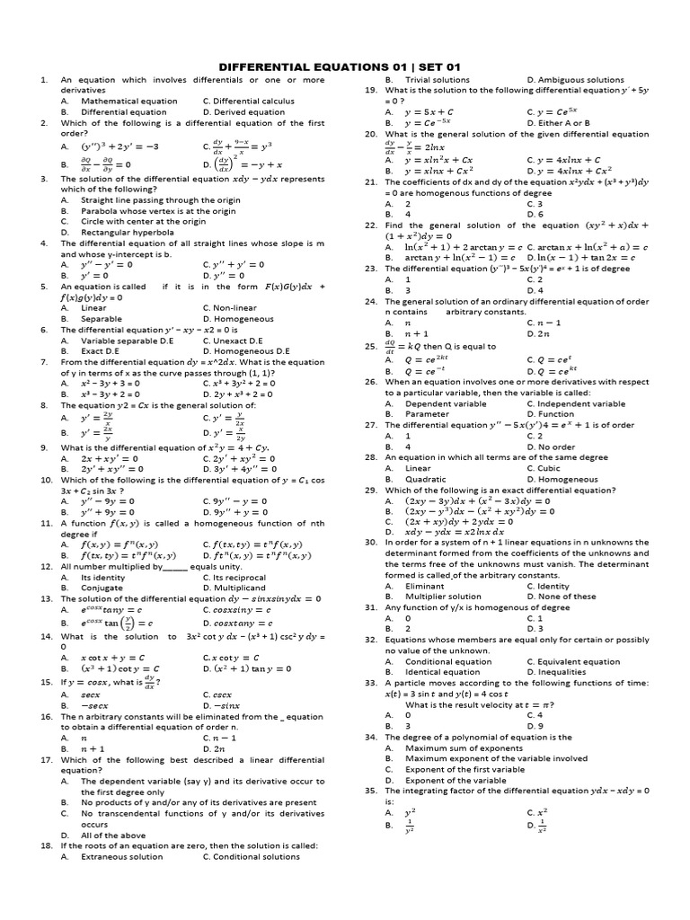 DIFFERENTIAL EQUATIONS 01 L SET 01 | PDF | Equations | Mathematical ...