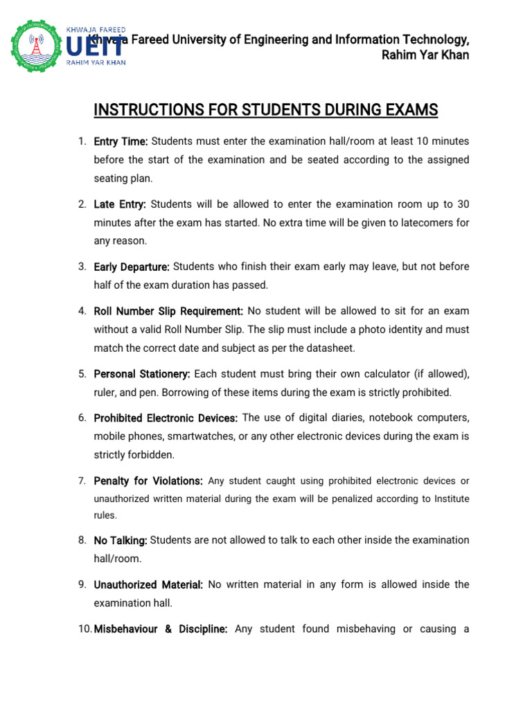 Exam Rules and Instructions for Students | PDF