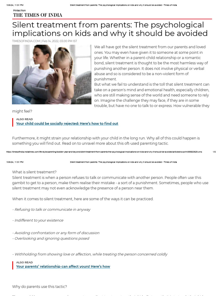Silent Treatment's Impact on Kids | PDF | Human Development | Social