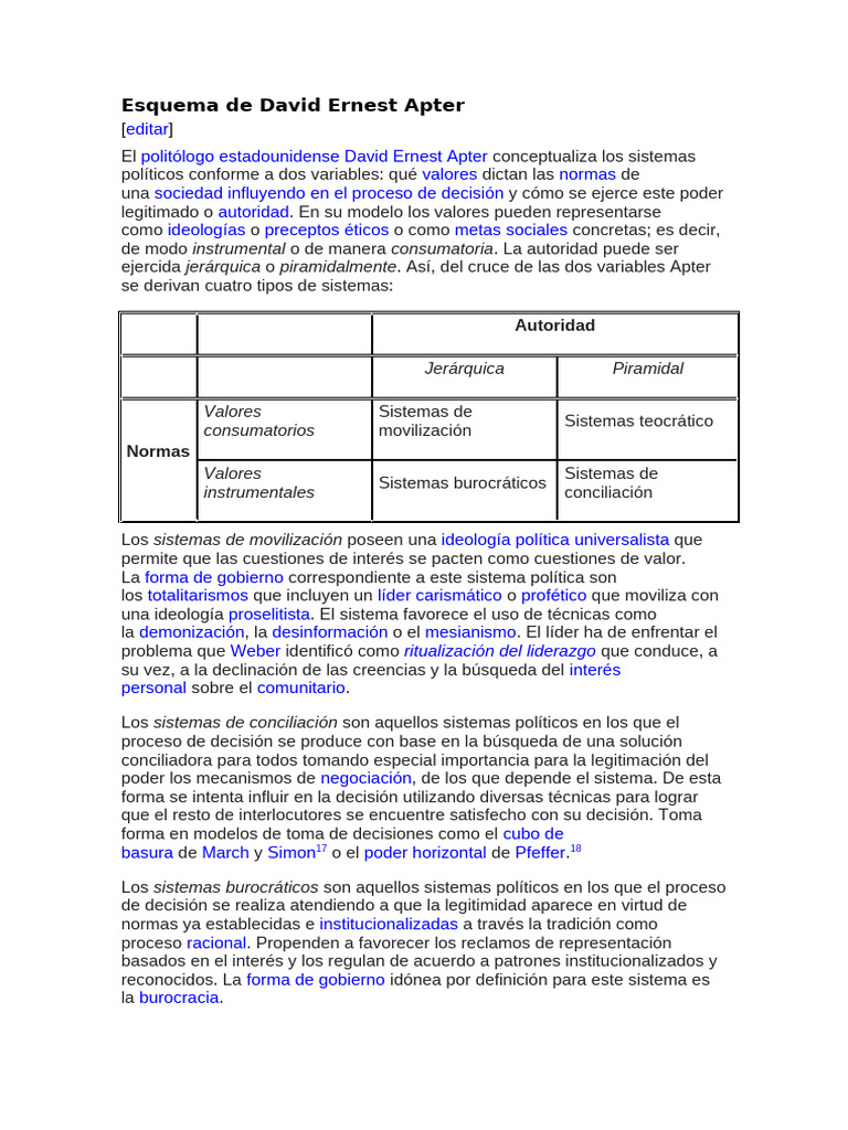Esquema de David Ernest Apter | PDF | Sistemas politicos | Ciencias ...