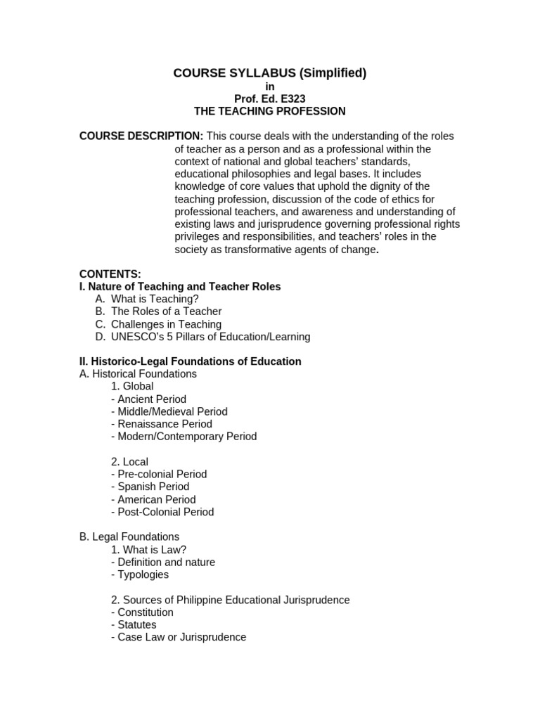 Teaching Profession Course Syllabus | PDF | Philosophy Of Education ...