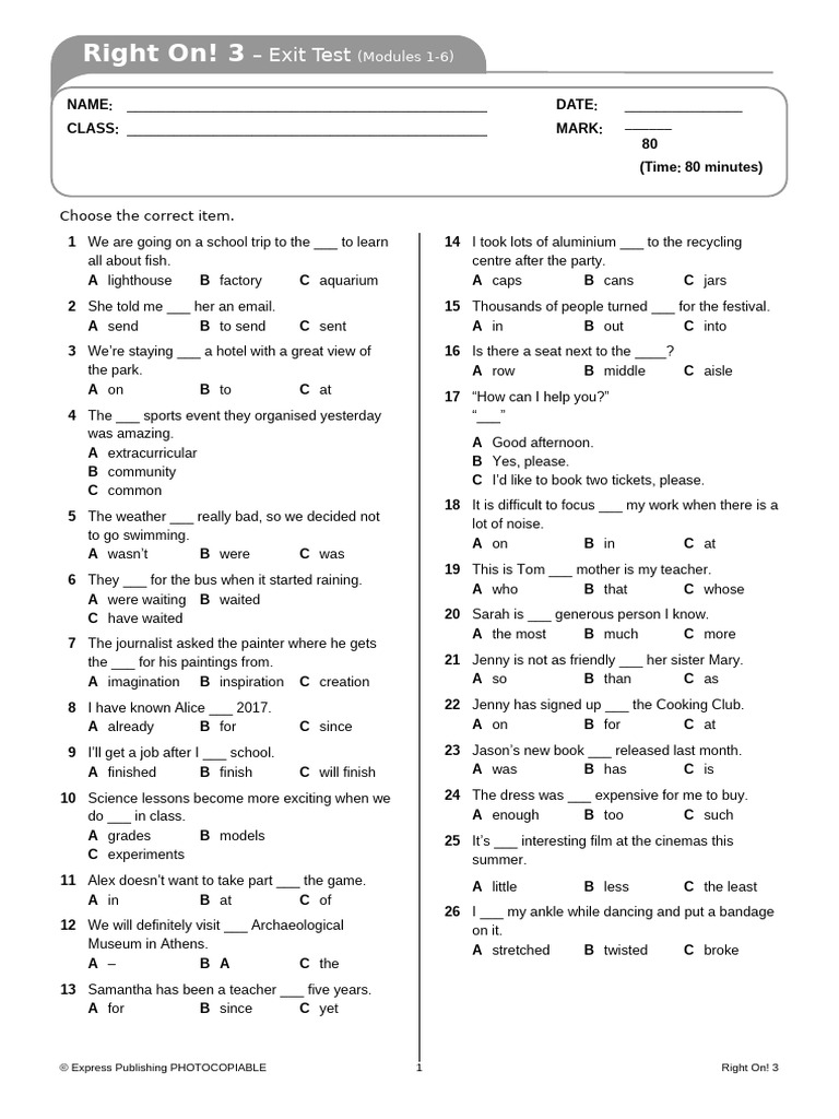 Right On! 3 Exit Test Overview | PDF