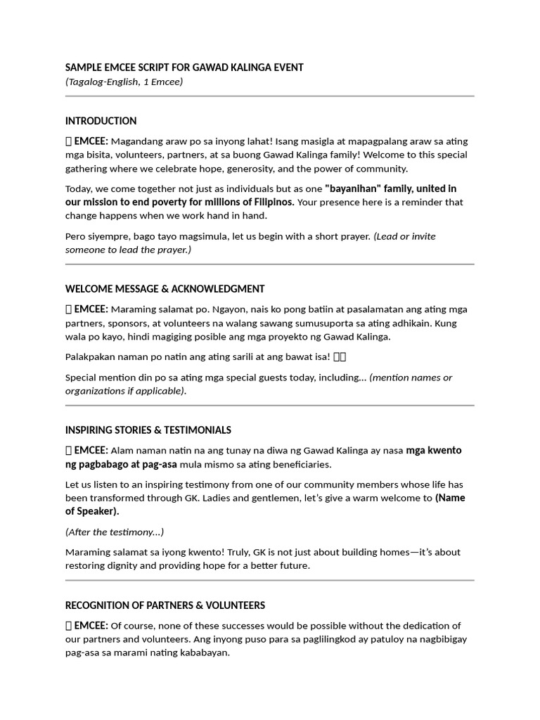 Sample Emcee Script for Gawad Kalinga Event | PDF