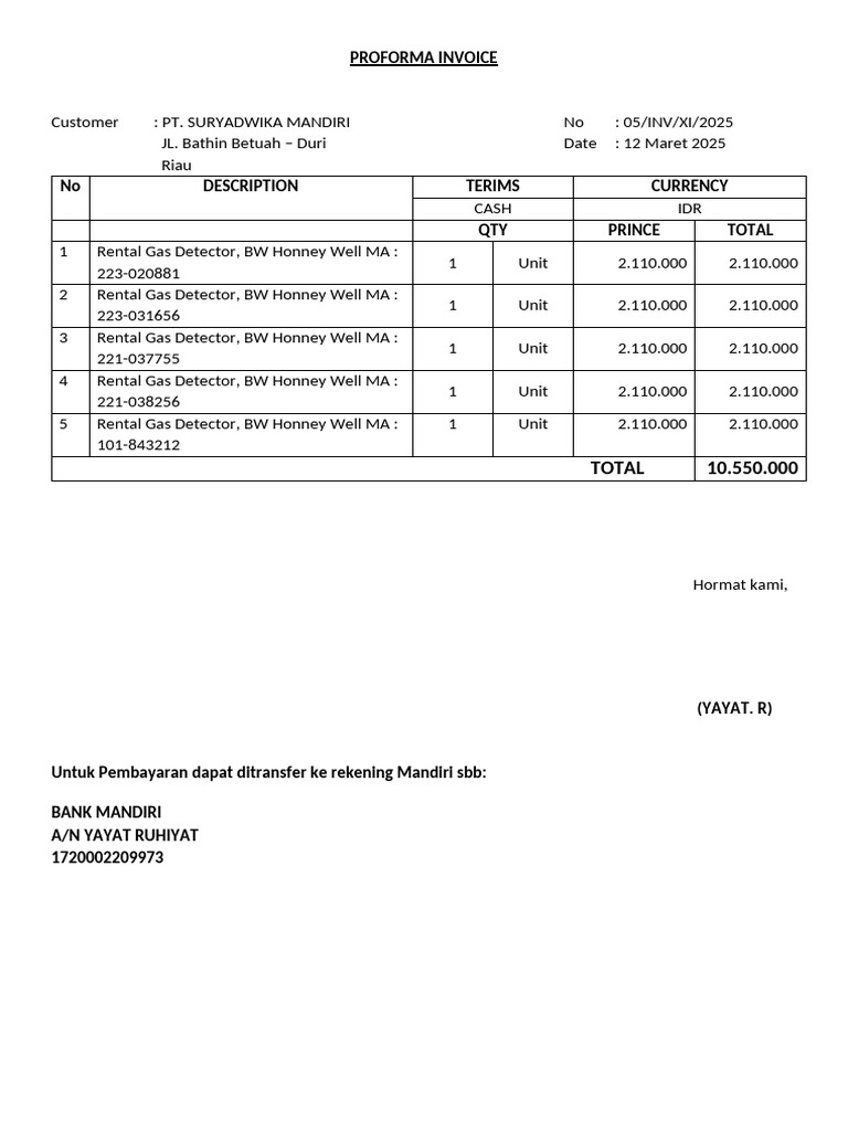 Proforma Invoice for Gas Detector Rental | PDF