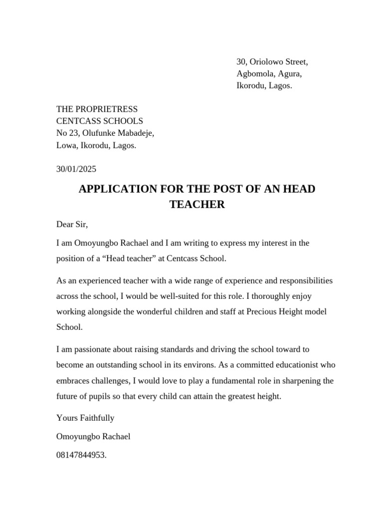 Application for Head Teacher Position | PDF