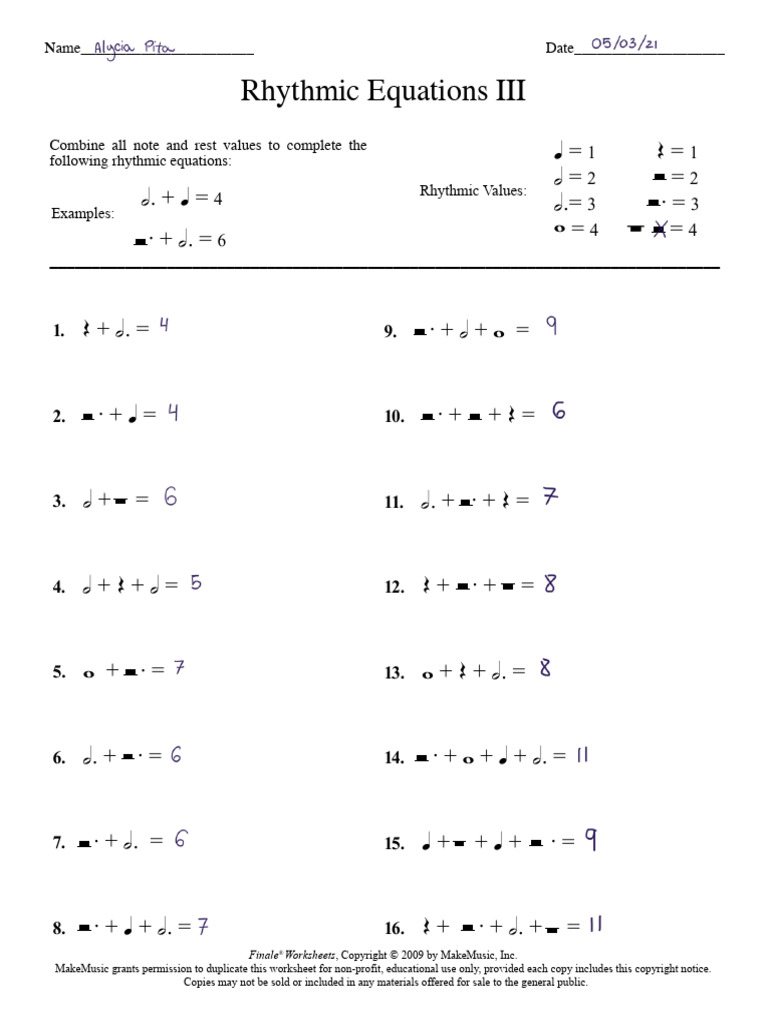 Rhythmic Equations Practice Worksheet | PDF