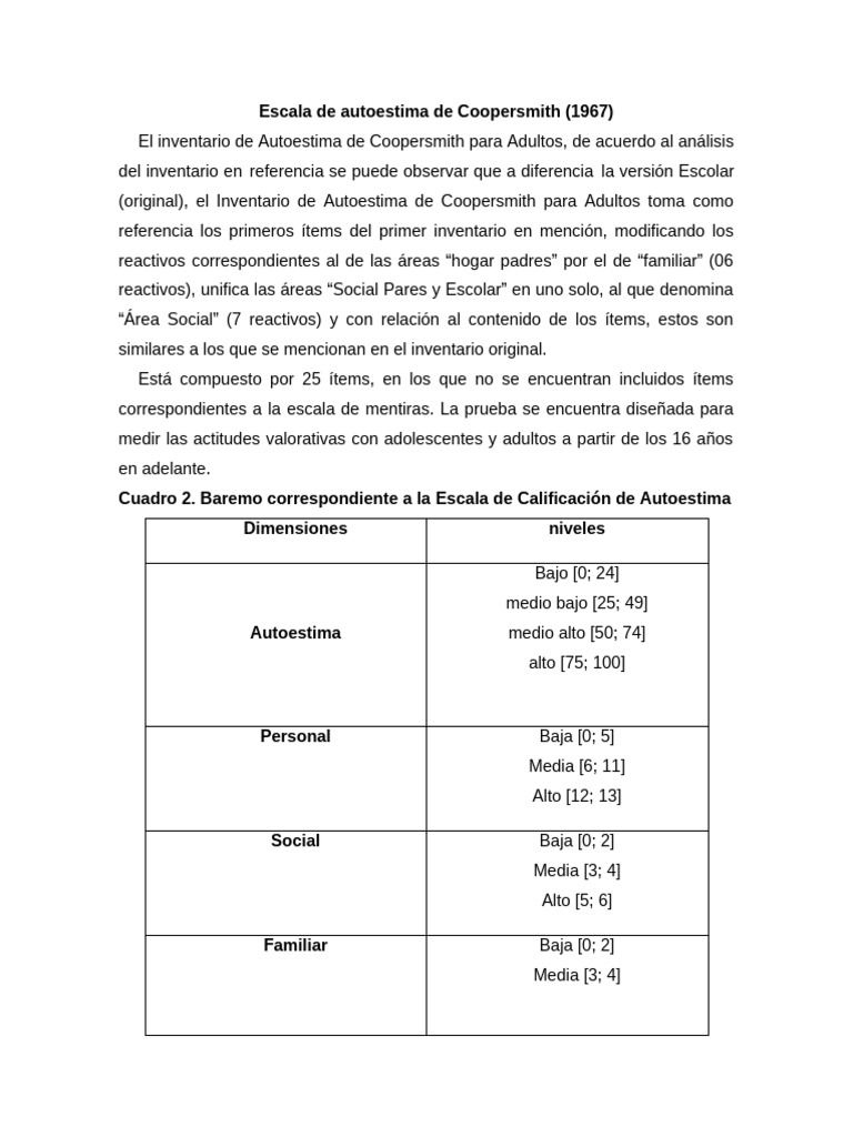 Escala de Autoestima Coopersmith para Adultos | PDF