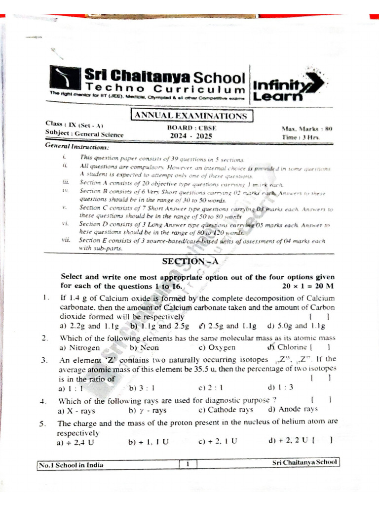 Sample Paper of Class 9 | PDF