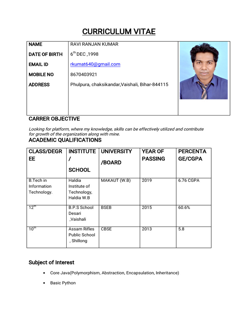 Ravi Ranjan Kumar CV - IT Graduate | PDF