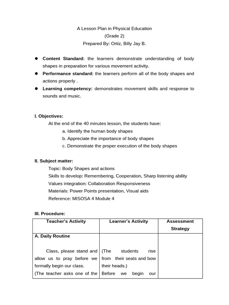 Detailed Lesson Plan in MAPE Grade 2 | PDF | Learning | Lesson Plan