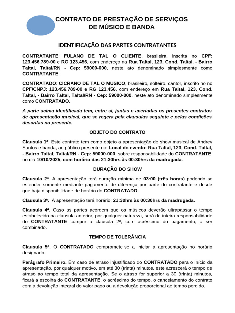 Contrato de Show Musical: Banda e Músico | PDF | Tempo