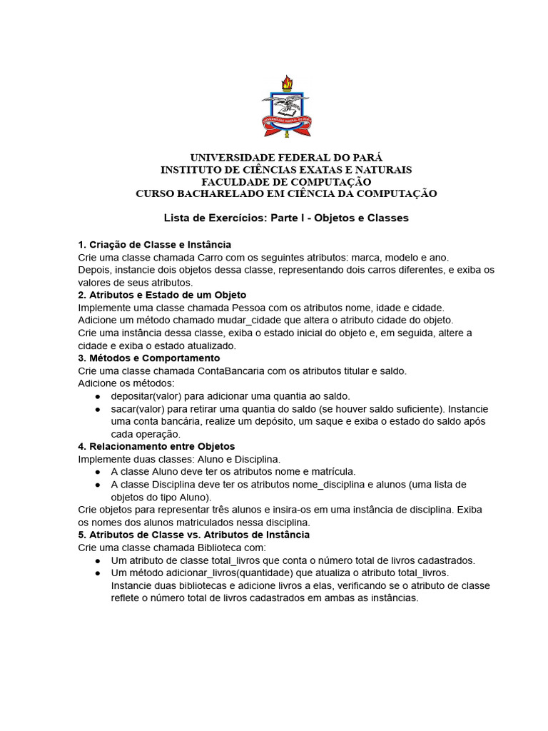 Exercícios de POO: Objetos e Classes | PDF