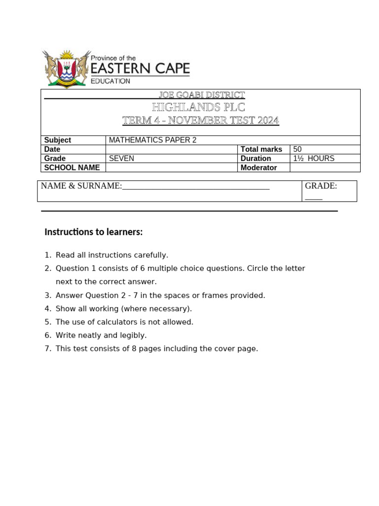 Grade 7 Maths Term 4 Exam Paper 2 | PDF | Shape | Rectangle