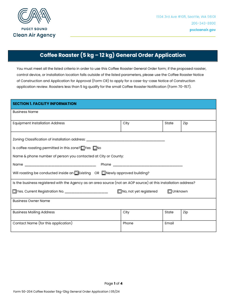 50-204 Coffee Roaster General Permit Application - 202409041724276429 | PDF