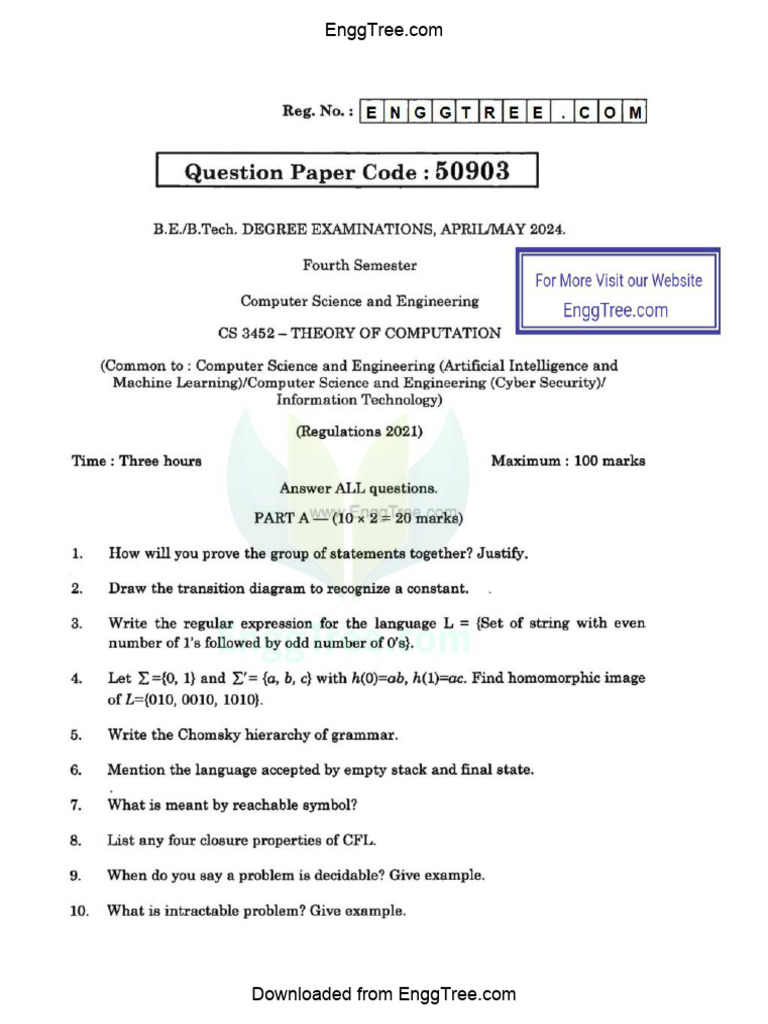 CS3452 Theory of Computation Papers | PDF