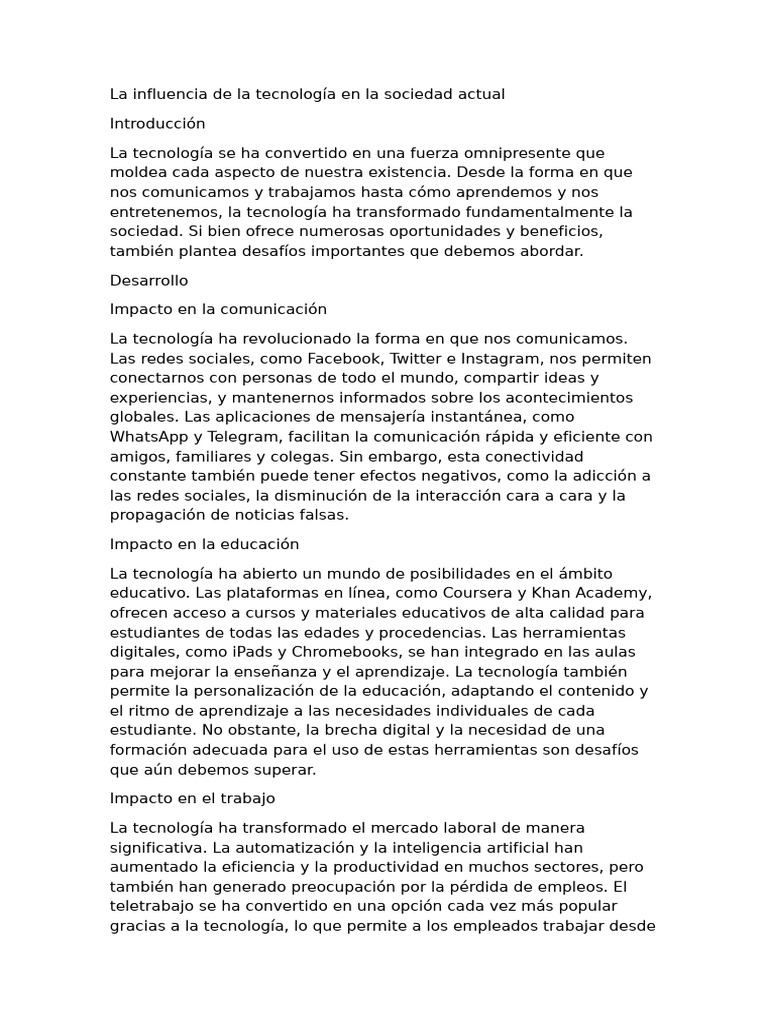 La influencia de la tecnología en la sociedad actual | PDF | Sociedad ...