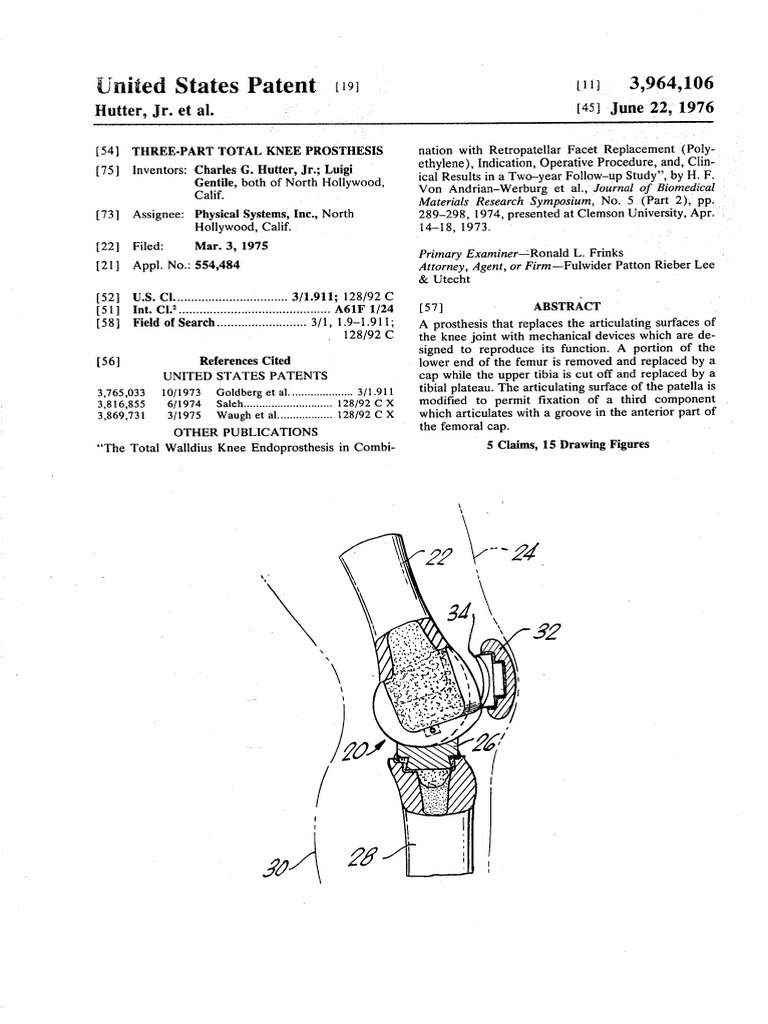 US3964106 - Hutter Et Al - Three-Part Total Knee Prosthesis | PDF