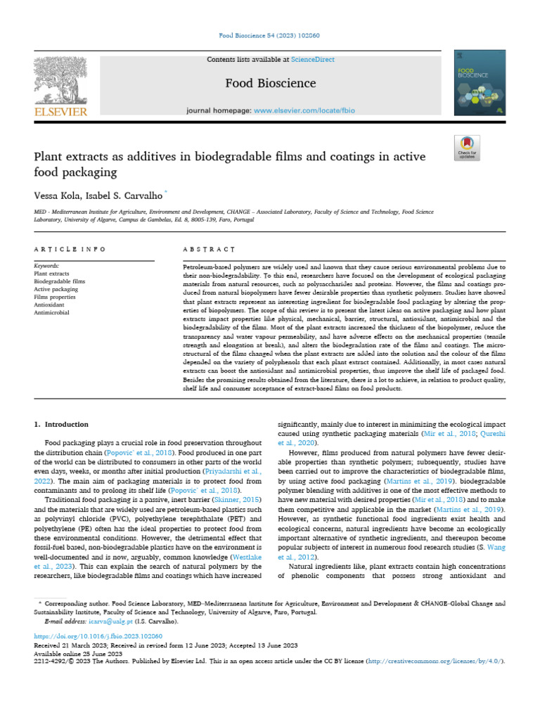 Plant Extracts in Biodegradable Food Packaging | PDF | Biopolymer ...