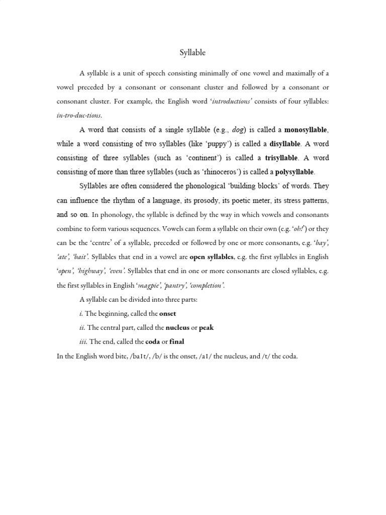 Syllable: Monosyllable Disyllable Trisyllable Polysyllable | PDF