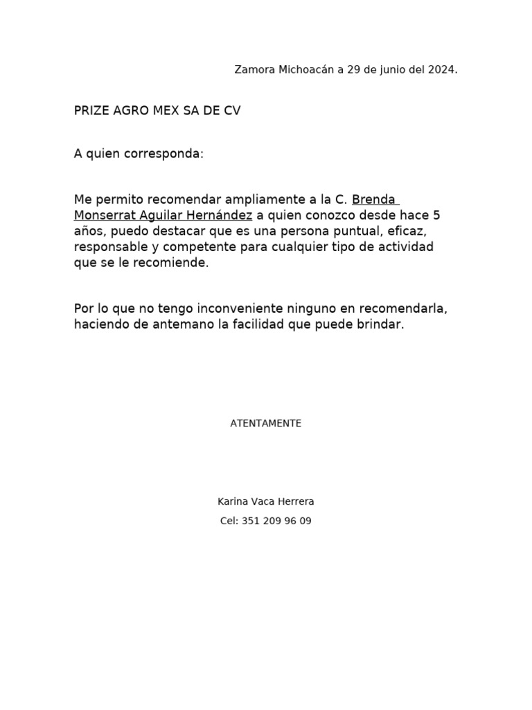 Carta de Recomendacion Personal | PDF