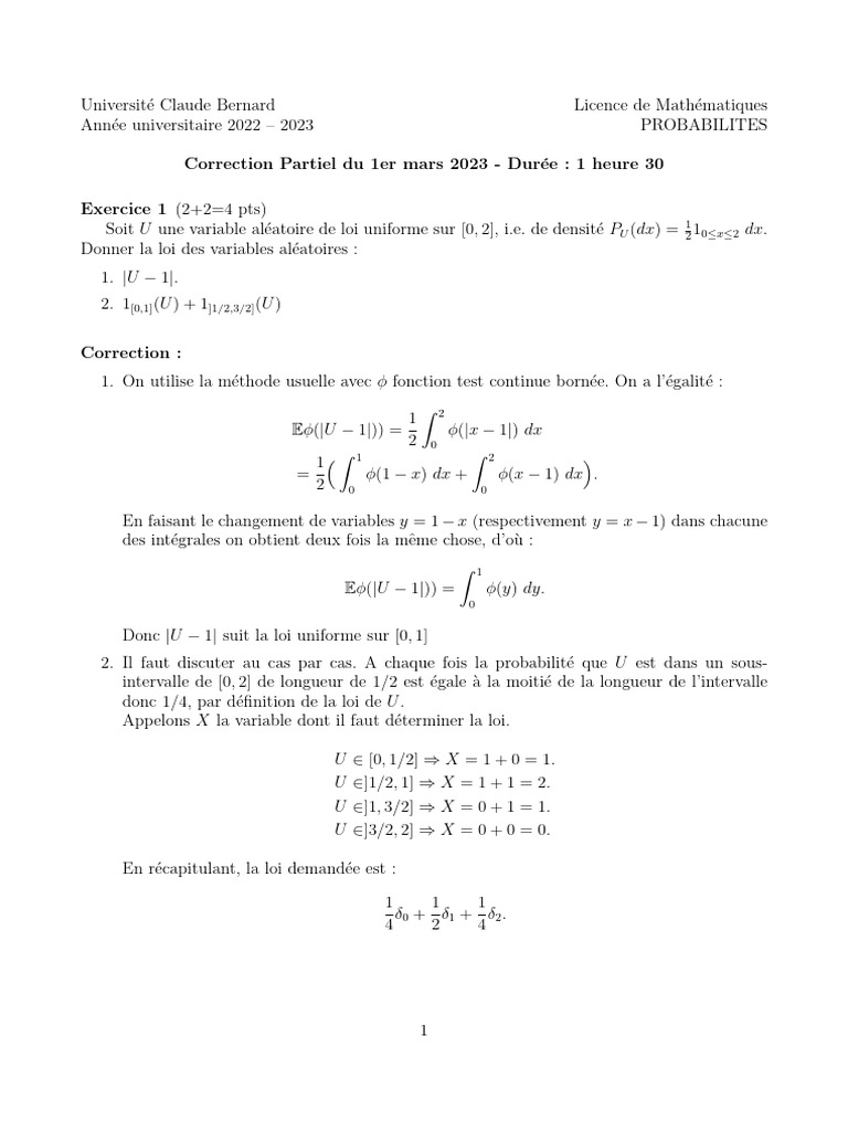 Correction Partiel 1 l3 Probas 01.03.2023-4 | PDF | Mathématiques ...