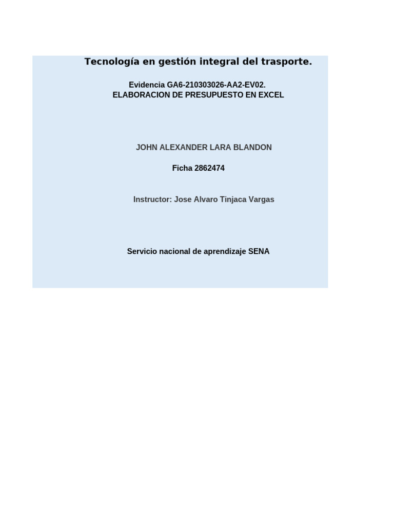 Presupuesto de Transporte en Excel | PDF | Transporte