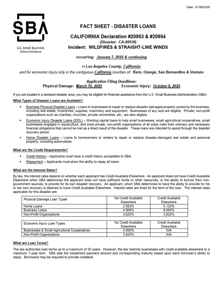 SBA Disaster Loans for California Wildfires | PDF | Loans | Refinancing