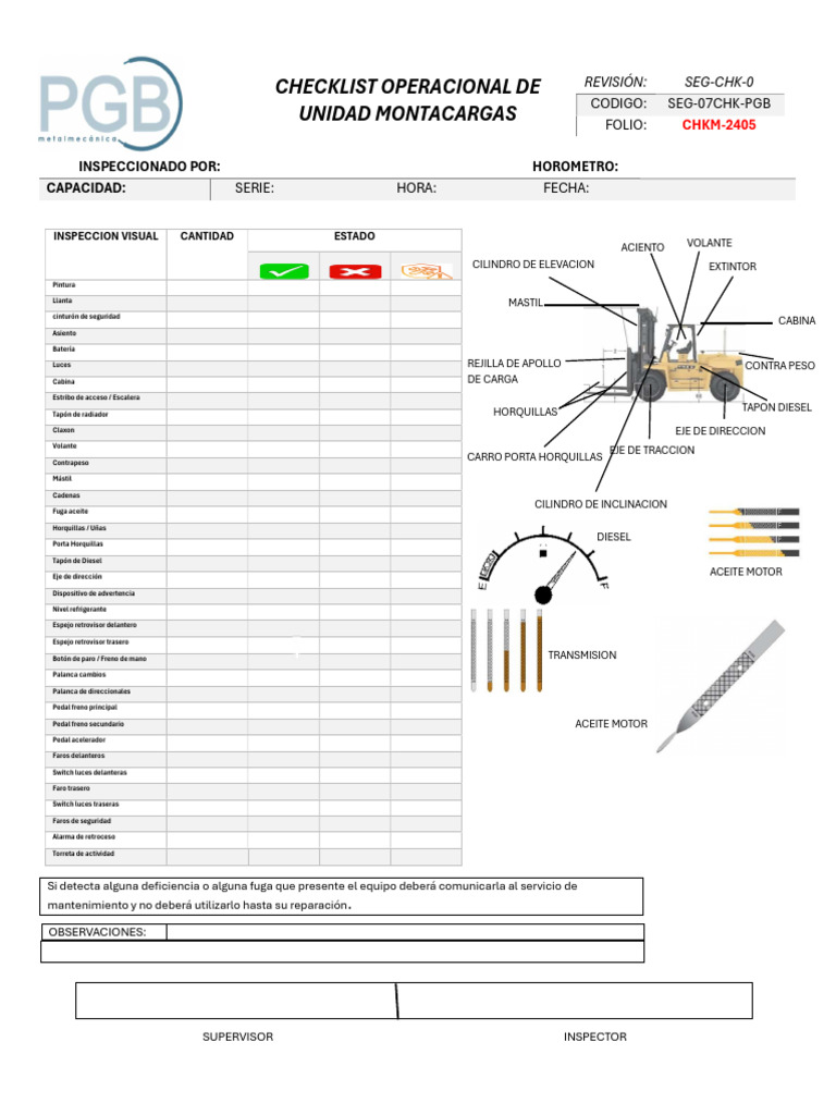 Checklist Operacional Montacargas PDF | PDF | Máquina elevadora ...