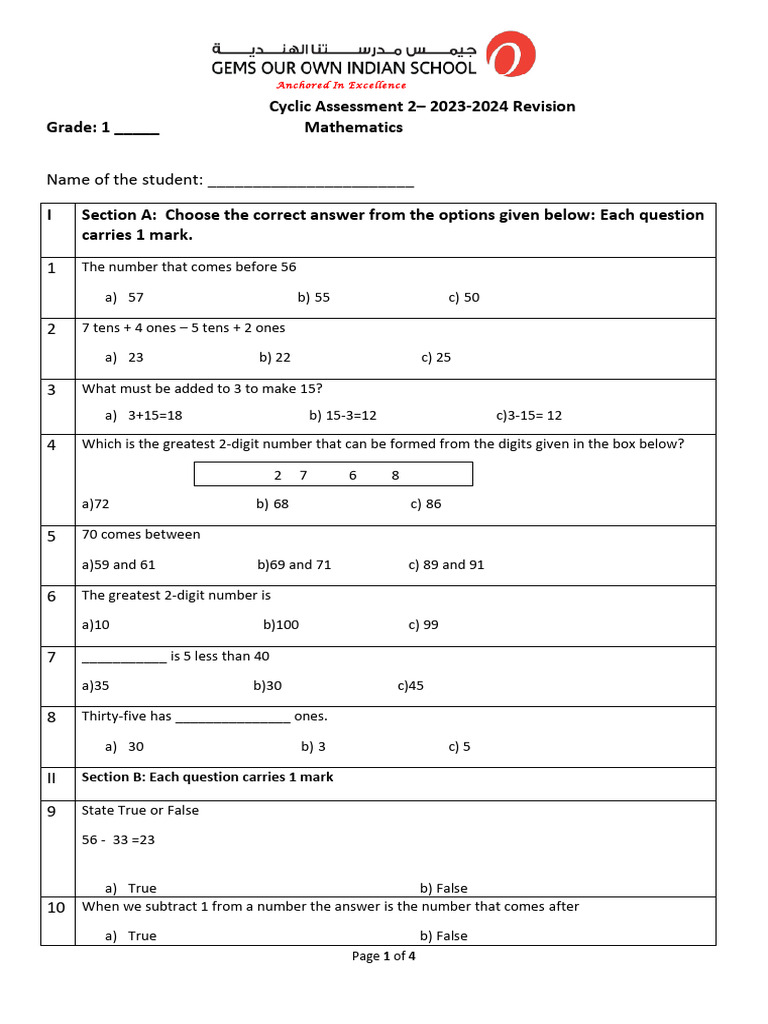 Cyclic Assessment 2 - Revision Paper - Math | PDF