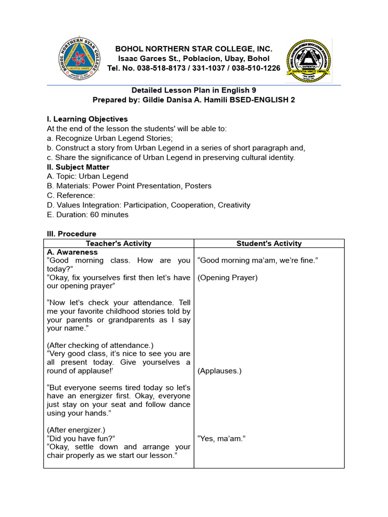 Urban Legends Lesson Plan for English 9 | PDF | Legends | Folklore