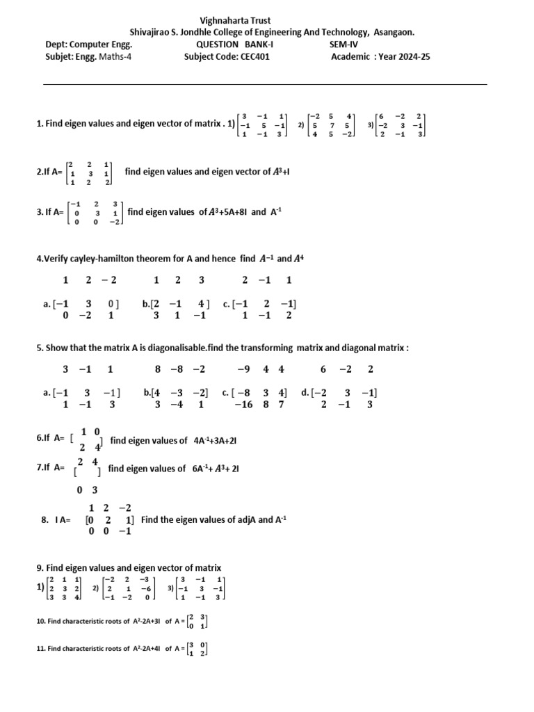 Maths Iv 2024-25-Comp QB (Ut-1) | PDF | Eigenvalues And Eigenvectors ...