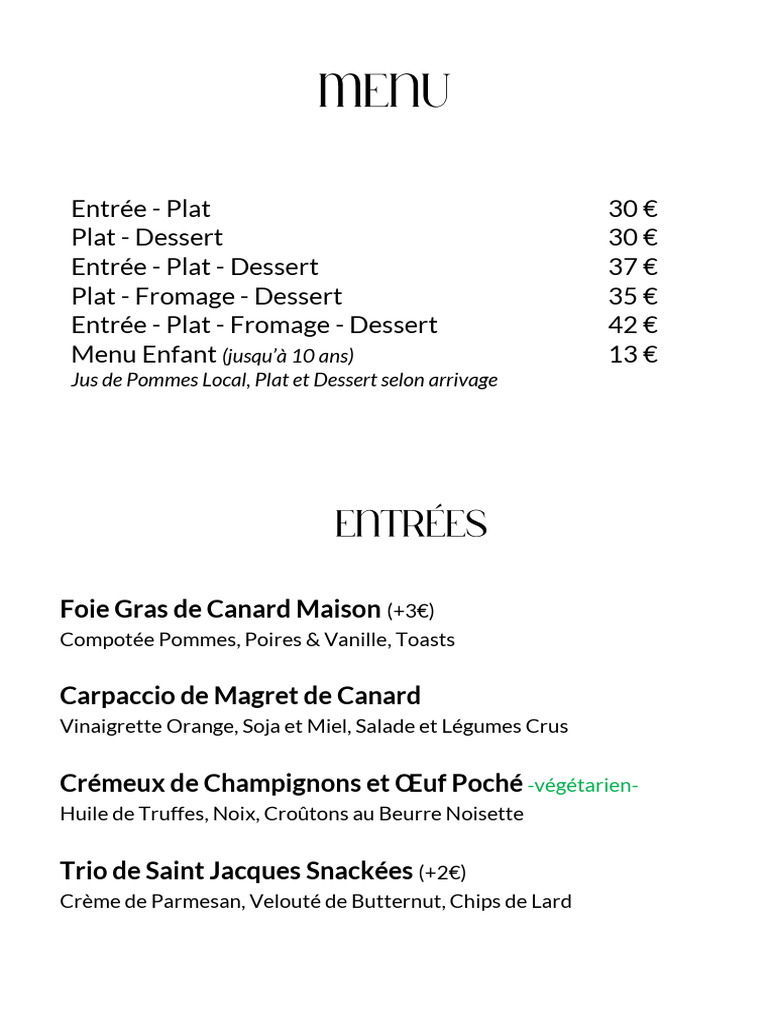 Menus Entrée, Plat, Fromage, Dessert | PDF | Légumes | Fromage