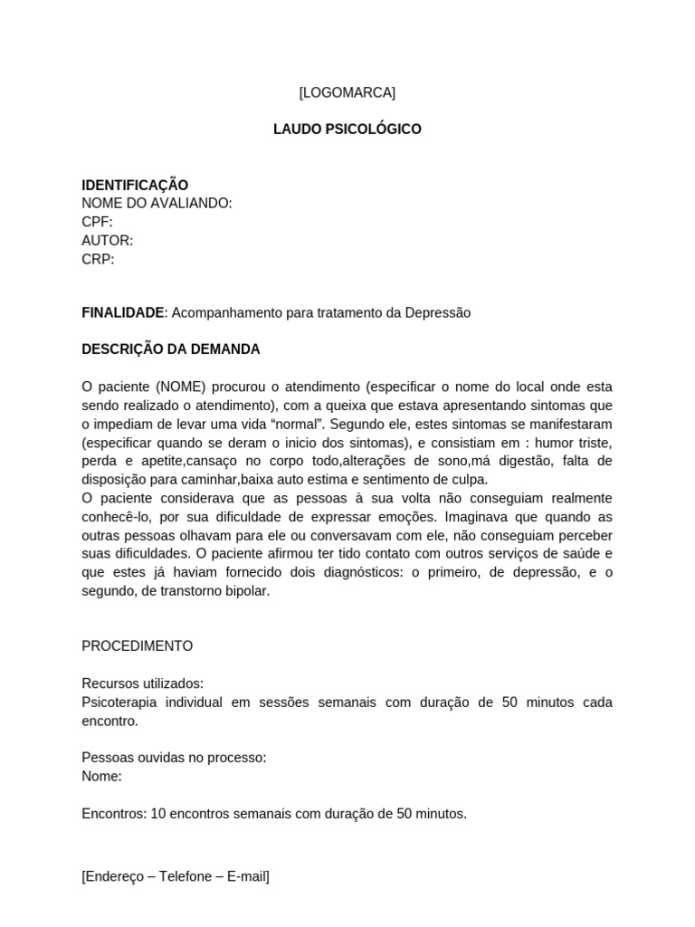 Laudo Psicológico: Tratamento da Depressão | PDF | Depressão | Psicoterapia
