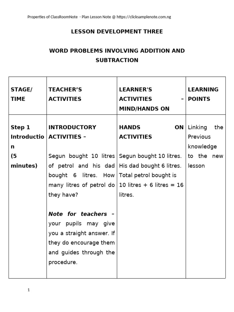 Lesson Plan: Addition & Subtraction Activities | PDF | Litre | Human ...