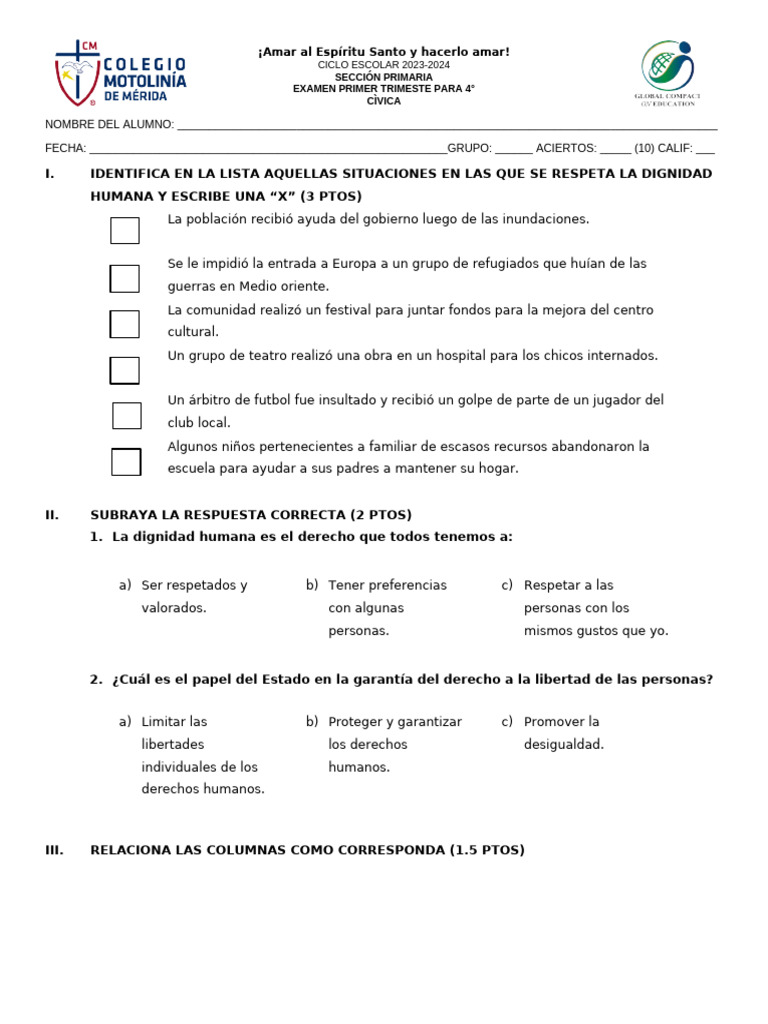 Trimestre I. Examen de Cívica. | PDF