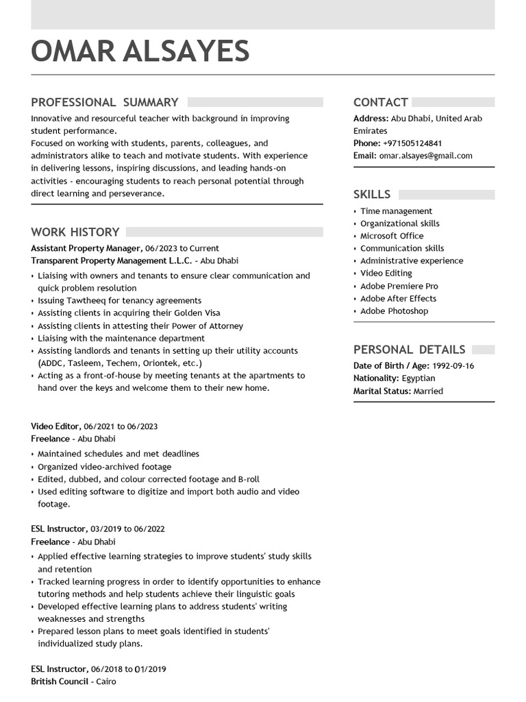 Versatile Educator and Property Manager | PDF | English As A Second Or ...