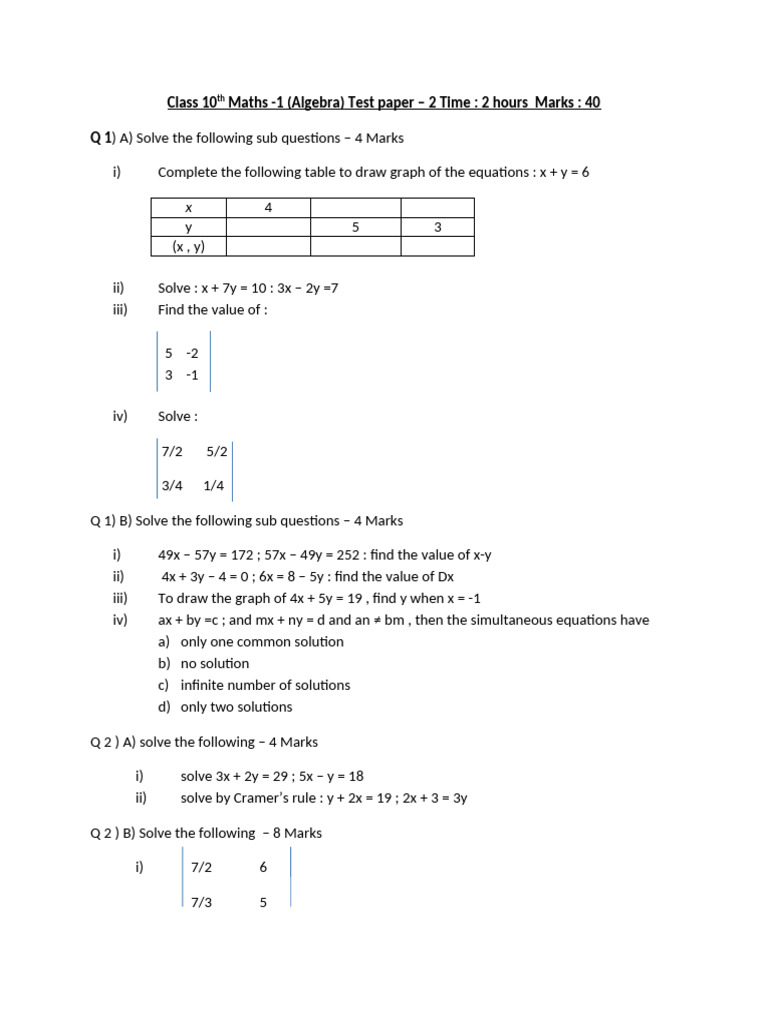 Class 10th Maths - 1 Test Paper 2 | PDF | Elementary Mathematics ...