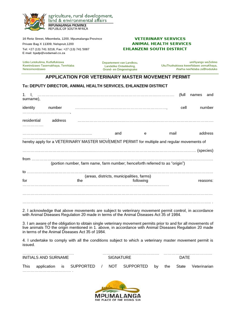 Veterinary Master Movement Permit Application | PDF | Animal Welfare ...