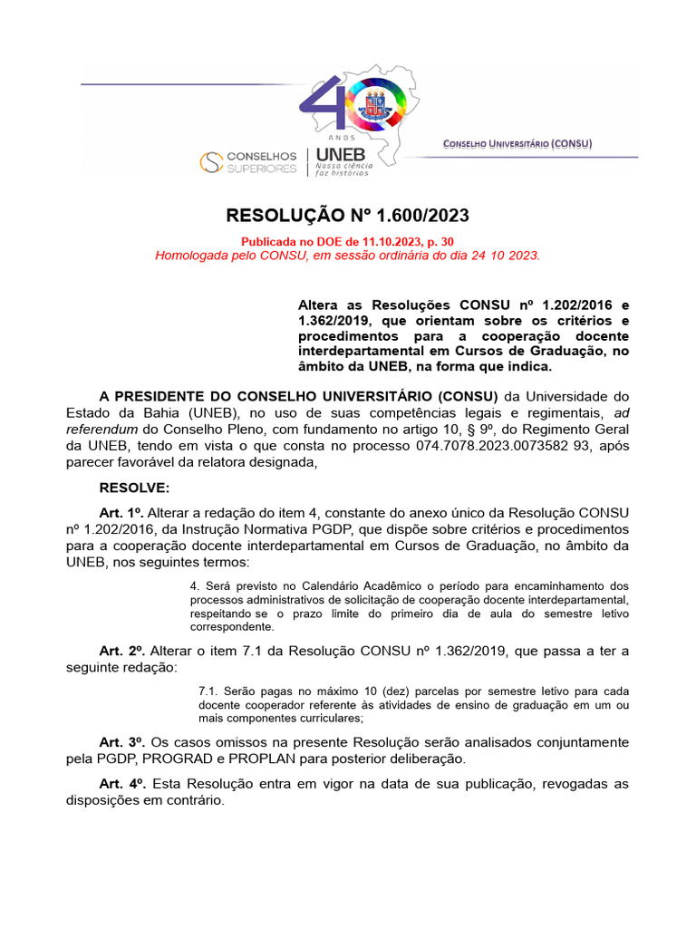 Alterações nas Resoluções CONSU UNEB 2023 | PDF