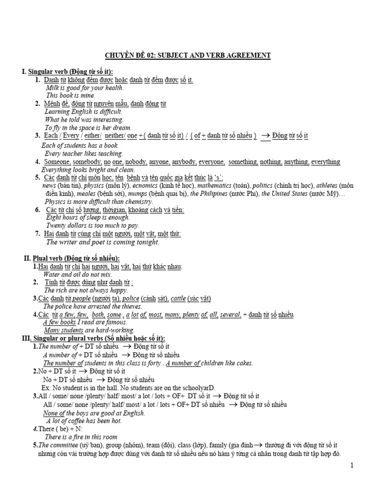 CHUYÊN ĐỀ 02 Subject - Verb Agreement | PDF