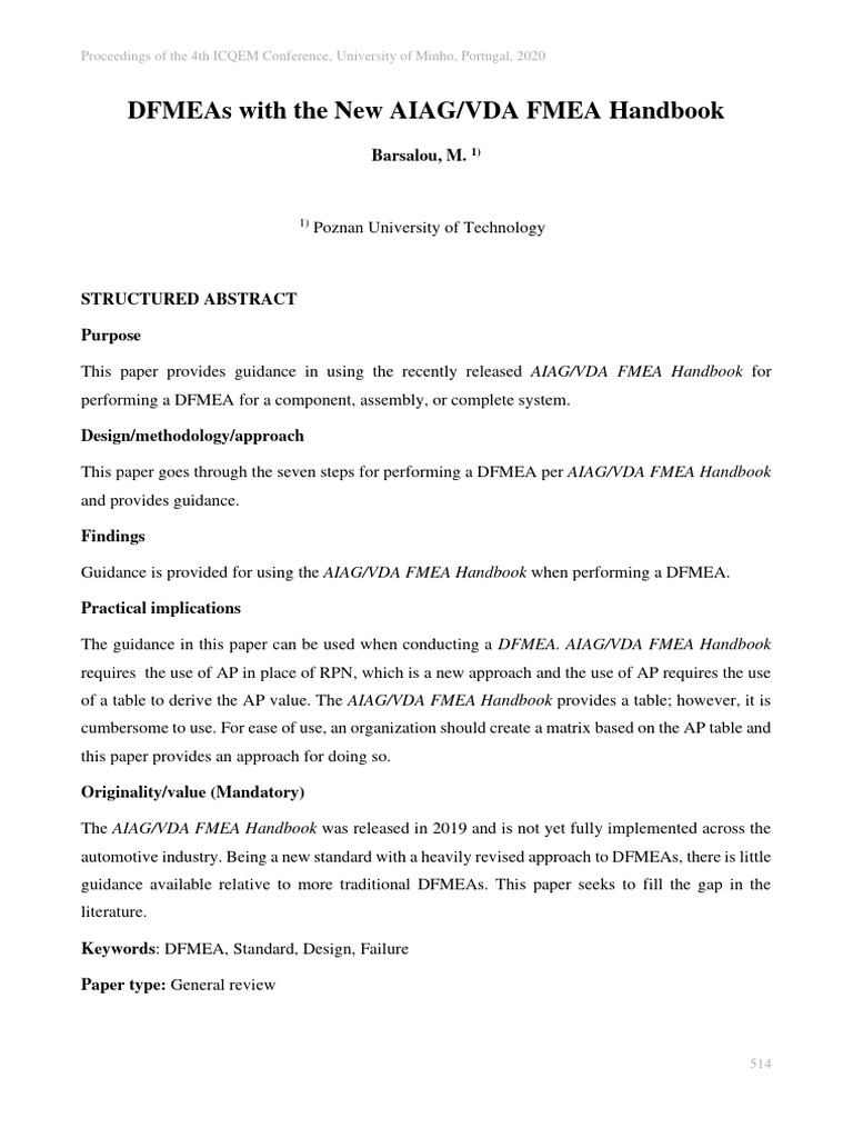 DFMEA Guidance Using AIAG/VDA Handbook | PDF
